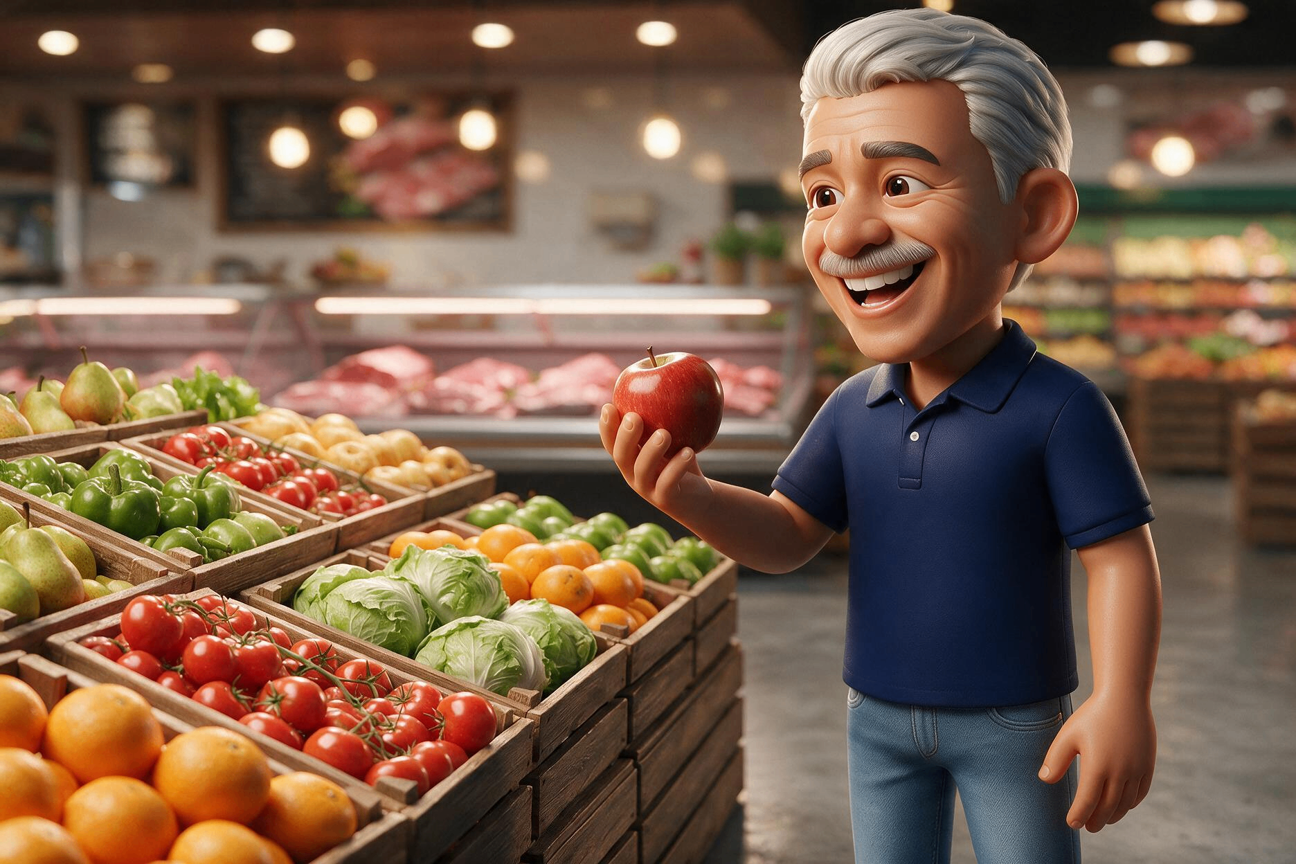 Personagem do Irmãos Ribeiro no mercado escolhendo uma maçã fresca
